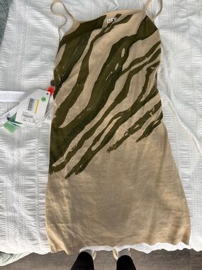 Off-White Olive and Beige Abstract Stripe Slip Skirt